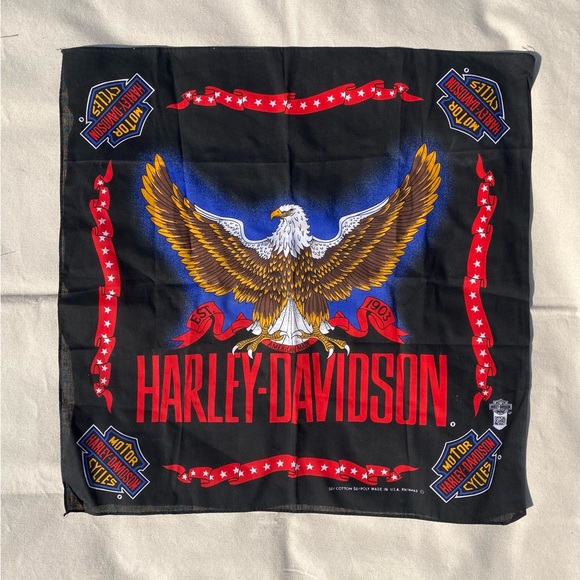 Vintage 90s Y2K Harley-Davidson Black Bandana with Red and Blue Highlights OSFM - Picture 1 of 5